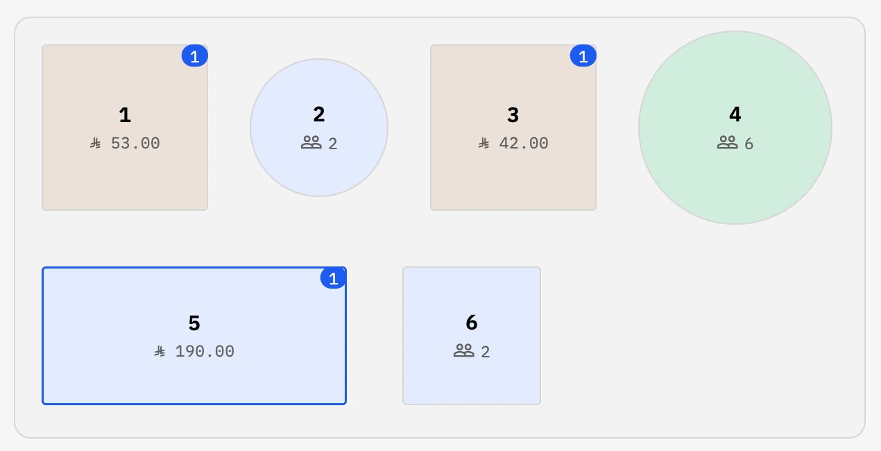 Hozma SuperApp floor plan showing open tables and their running totals